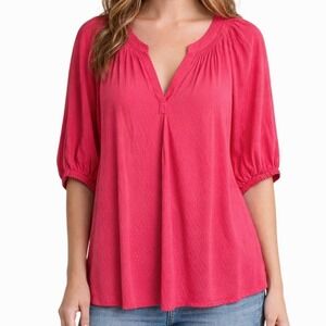 Crown & Ivy Plus Pink Daisy Peasant Top Size 2X Puff Sleeve Boho Blouse NWT